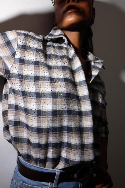 5in1Canpolat Brown Stone Embroidered Checkered Shirt 2688