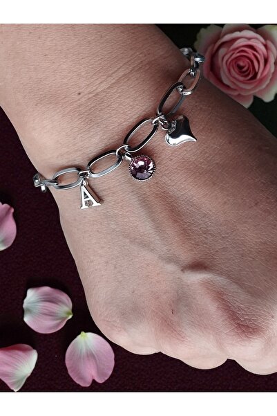 Amabel Jewelerys هدية عيد الحب: سوار فولاذي مع قلادة على شكل قلب وحرف وحجر (م...