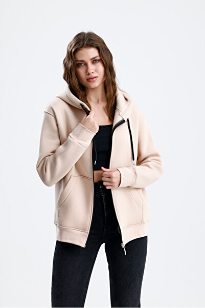 Markazzi سترة بقلنسوة من القطن المزخرف بثلاثة خيوط باللون البيج مع سحاب أمامي