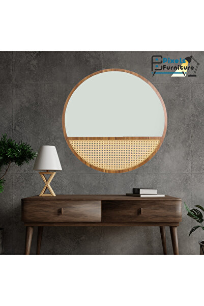 PixelsFurniture Round wall mirror with a rattan design, wooden frame and base...