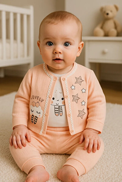 Beruflic Lovely Star Patterned 3-Piece Baby Girl Set with Cardigan