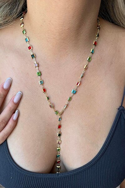 stravis Çok Renkli Kare Taşlı Y Kolye Dekolte Kolye