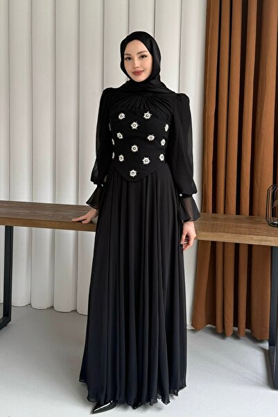 Modaensarbutik Degaje Yaka Seyyar Korseli Taşlı Abiye-SİYAH