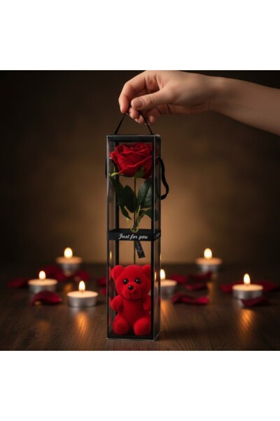 Dorasan Ayıcıklı Şeffaf Kutulu Tekli Gül- Şık Sevgililer Günü Hediyesi