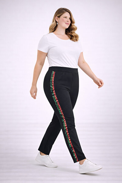 Şans Women's Plus Size Black, Sequin Stripe Detailed Steel Mesh Tights 65N39386