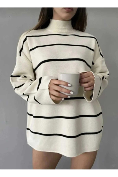 MetuCA Women's Ecru Black Striped Half Turtleneck Oversize Long Knitwear Swea...