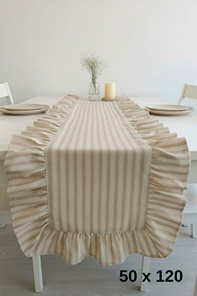 MZN Home 4 Kenar Fırfırlı Şeritli Keten Runner 50x120 cm – %100 Doğal Pamuk