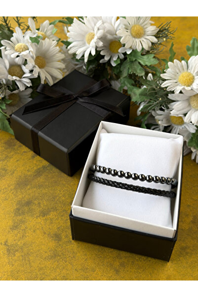 Hepsi Enteresan Hematite Natural Stone and Leather Bracelet, Gift for Man, Va...