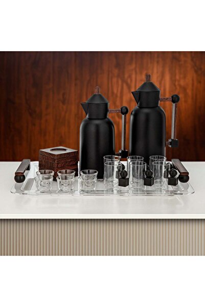 Almarjan Tea & Coffee Set 21 Pieces Matt Black with Dark Wood
