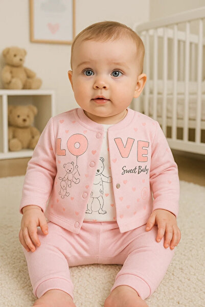 Beruflic Love Rabbit Patterned Sleeve Detailed 3-Piece Baby Girl Set with Car...