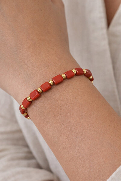 tutu tasarım alaçatı سوار بسيط مزين بخرز من الحجر الطبيعي بلون ذهبي - سوار نس...