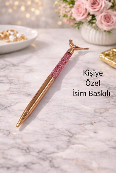 Mihristore Kişiye Özel İsim Baskılı Kalem Pembe Simli Gold Kalem Roller Kalem
