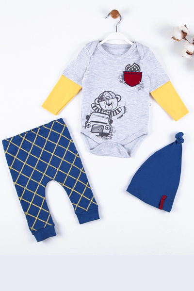 Beruflic Pocket Embroidered Bear Patterned 3-Piece 100% Cotton Men's Set
