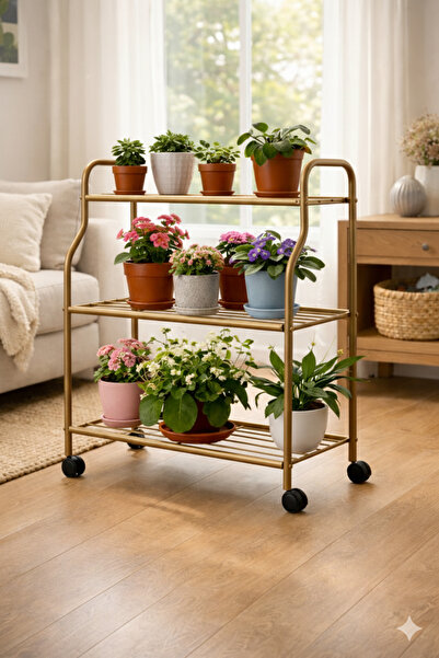 ARVİONHOME Gold 3 Katlı Metal Tekerlekli Mutfak Ve Dekoratif Saksılık Rafı-Or...