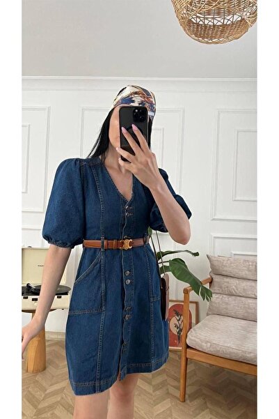 Ekim Store Half Cuff Buttoned Denim Dress
