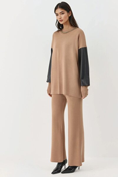 Hiccup My Fashion Faux Leather Detailed Sweater