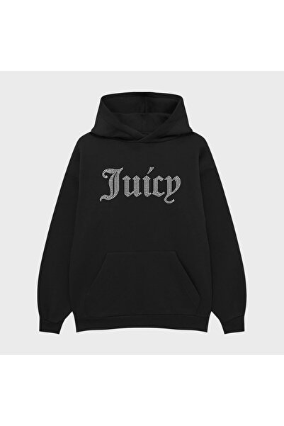 TRAGEDY Women's Juicy Text Stone Printed 3 Thread Black Hooded Hoodie Sweatshirt