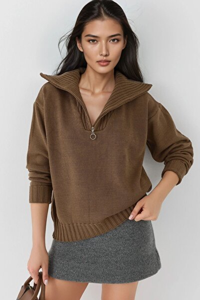 Hiccup My Fashion Zippered Collar Oversized Knitwear Sweater