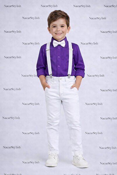 Nacar Erkek Çocuk 23 Nisan 29 Ekim Keten Gömlek&Pantolon&Askı Papyon Set - Gö...