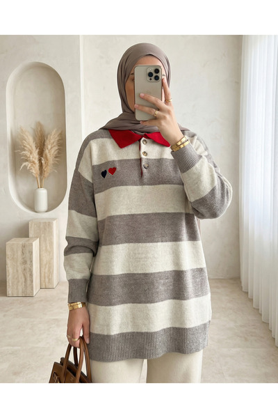 Modamorfo Shirt Collar Buttoned Heart Embroidered Knitwear Tunic - Earth