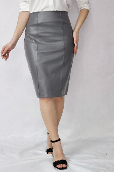 YAXİ Dark Gray Leather Pencil Skirt with Front Stitching