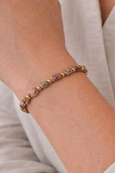 tutu tasarım alaçatı سوار بسيط مزين بخرز من الحجر الطبيعي بلون ذهبي - سوار نس...