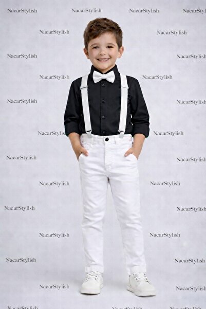 Nacar Erkek Çocuk 23 Nisan 29 Ekim Keten Gömlek&Pantolon&Askı Papyon Set - Gö...