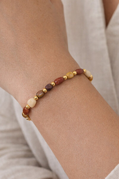 tutu tasarım alaçatı سوار بسيط مزين بخرز من الحجر الطبيعي بلون ذهبي - سوار نس...