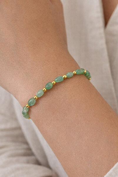 tutu tasarım alaçatı سوار بسيط مزين بخرز من الحجر الطبيعي بلون ذهبي - سوار نس...