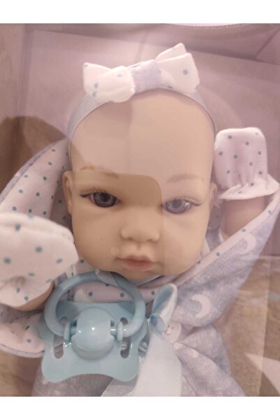 Boratila Toys 32 CM Tam Vinil Kıyafetli Güzel Bebek Emzik Aksesuarlı Mavi