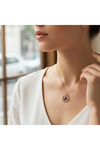 HOBİSY GIFT SHOP قلادة على شكل كوكب مرصع بالأحجار الزرقاء - لون ذهبي مع تفاصي...