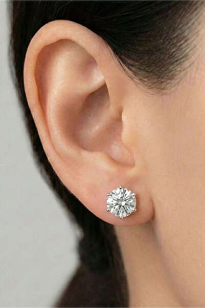 Osha Aksesuar Hexagonal Solitaire Earrings Silver Color 7 mm Zircon Stone