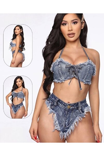 RAHAF TİCARET Kadın Siyah Denim Şortlu Takım