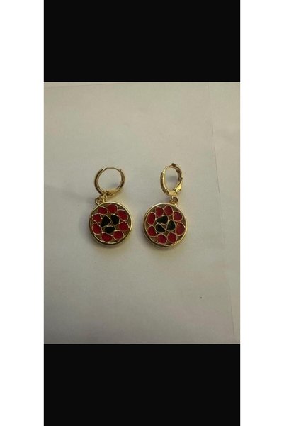 KARE ACCESORIES Red and Black Mine Detailed Gold Color Hoop Dangle Earrings