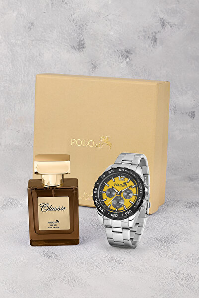 Polo Air Erkek Kol Saati Ve 55ml Parfüm Hediyelik Kutusunda Set Gümüş Sarı Si...