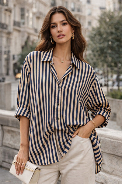 kikiriktekstil Kadın Oversize Kalıp Kendinden Çizgili Gömlek