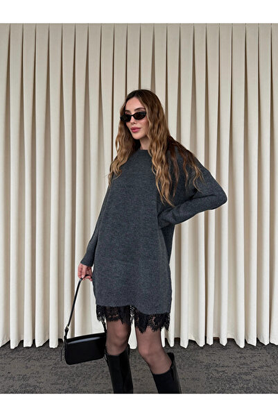 Laluvia Anthracite Lace Short Knit Dress - 251008