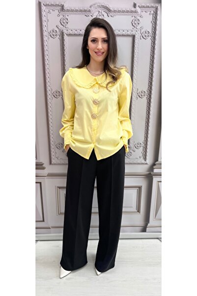 OnlyForYou 100% cotton shirt with gold brooch buttons and wide collar