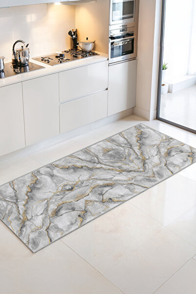 Home Beyaz Mermer Desenli Şık ve Modern Dekoratif Mutfak Halısı