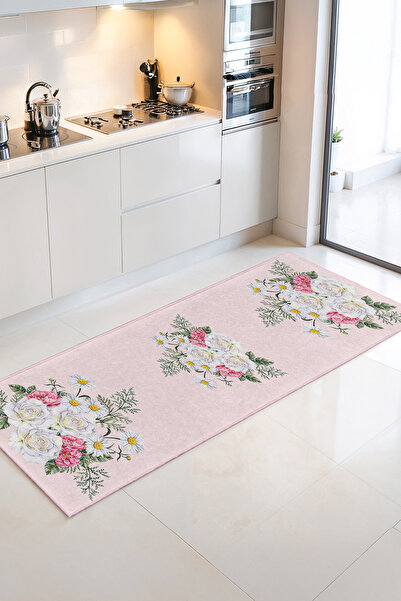 Home Beyaz Gül ve Pembe Çiçek Desenli Şık Dekoratif Mutfak Halısı