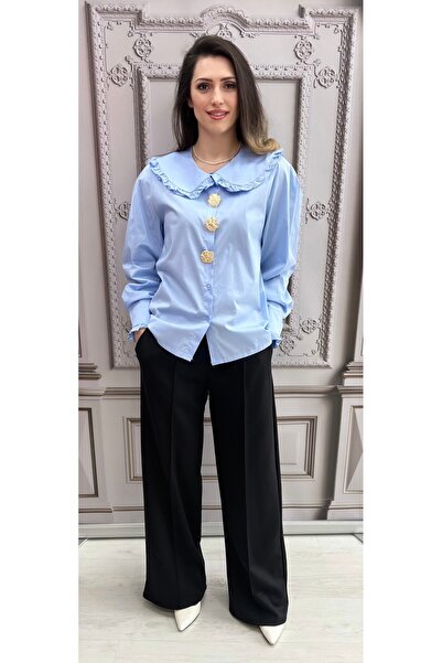 OnlyForYou 100% cotton shirt with gold brooch buttons and wide collar