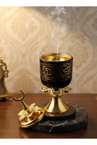 Layansaa Lüks Gold Detaylı Siyah Buhurdanlık - Hilal Figürlü Premium Dekorati...