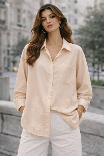 kikiriktekstil Women's Oversize Viscose Fabric Shirt with Pleated Back