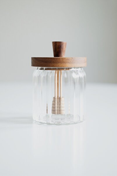 Dekorzdükkan Acacia Striped Glass Honey Jar