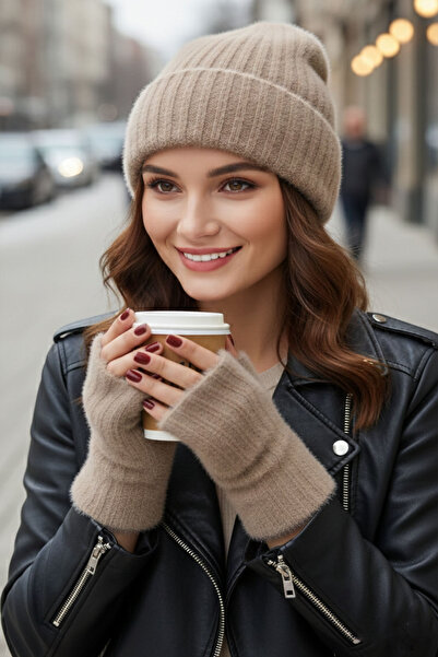Ritagarcia Women's Plush Furry Ribbed Beanie and Fingerless Gloves Set