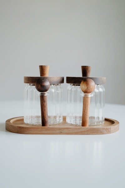 Dekorzdükkan Double Acacia Vacuum Lid Striped Glass Jar Set with Spoon (450ml)