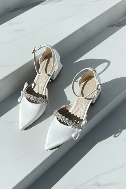 DİVOLYA Dunka Beige Satin Stone Bow (4 cm Heel) Pointed Toe Heeled Shoes