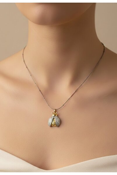 KANERUZ Silver Color Ball Chain Zircon Stone Winged Gold Ladybug Steel Neckla...