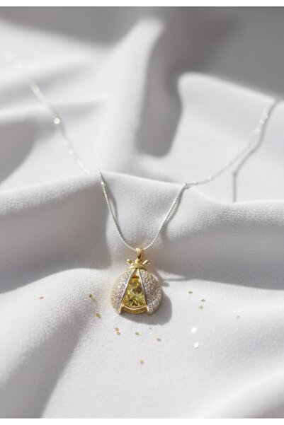 KANERUZ Gümüş Renk Top Zincir Zirkon Taş Kanatlı Gold Uğur Böceği Çelik Kolye...