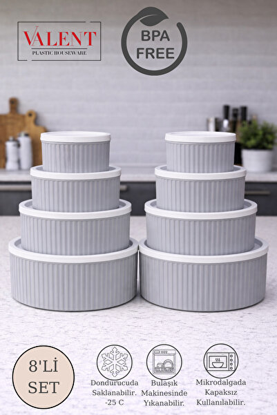 VALENT 8'li Çizgili Yuvarlak Saklama Seti Gri | 3LT 1.8LT 1LT 0.55LT | Mikrod...
